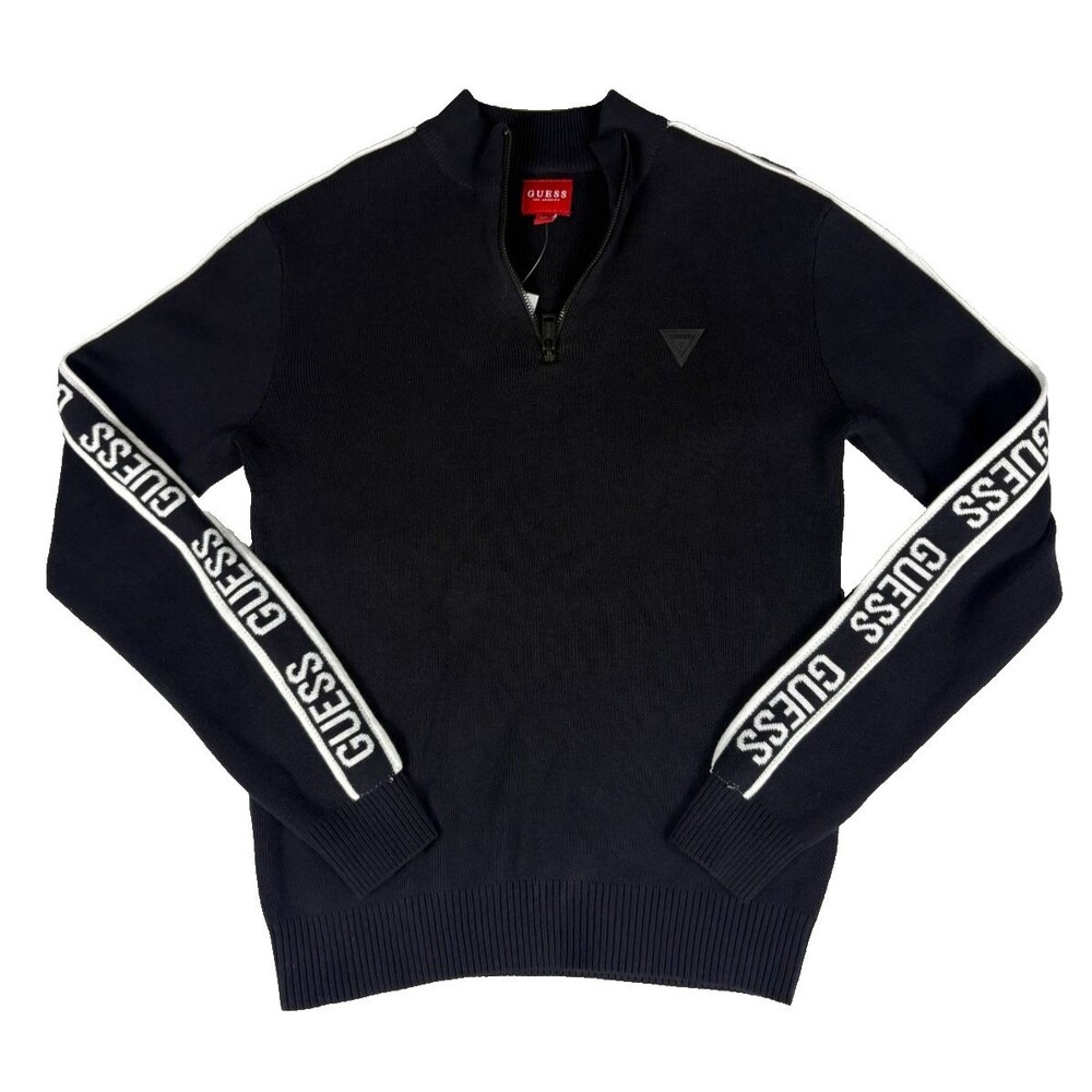 GUESS Men’s Tom Mock Neck 1/4 Zip Sweater Black Small NWT Logo Tape Sleeve